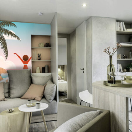 livraison rapide tapisserie fresque murale retro pop plage été Grèce sur-mesure haut de gamme mobil-home salon