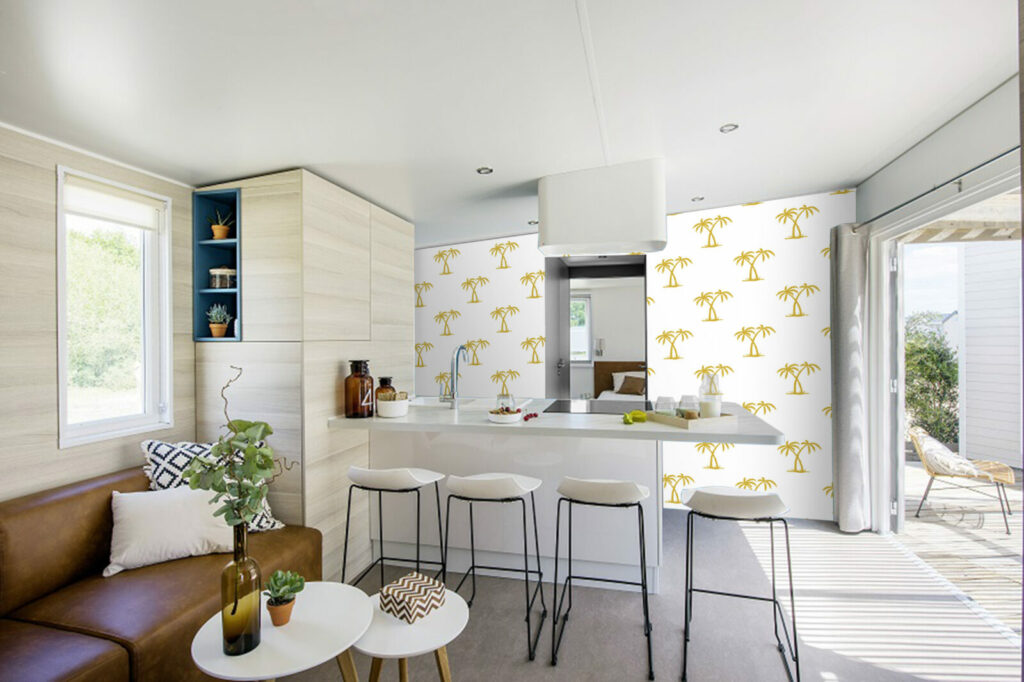 Papier peint motif cocotier tropical pas cher mobil home- ocre