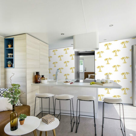 Papier peint motif cocotier tropical pas cher mobil home- ocre
