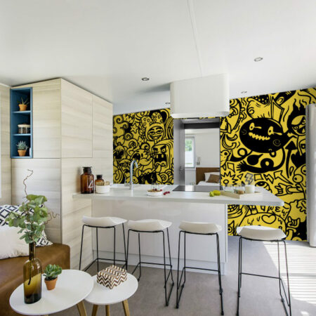 papier peint tendance style doodle rebelle haut de gamme mobil home- ocre