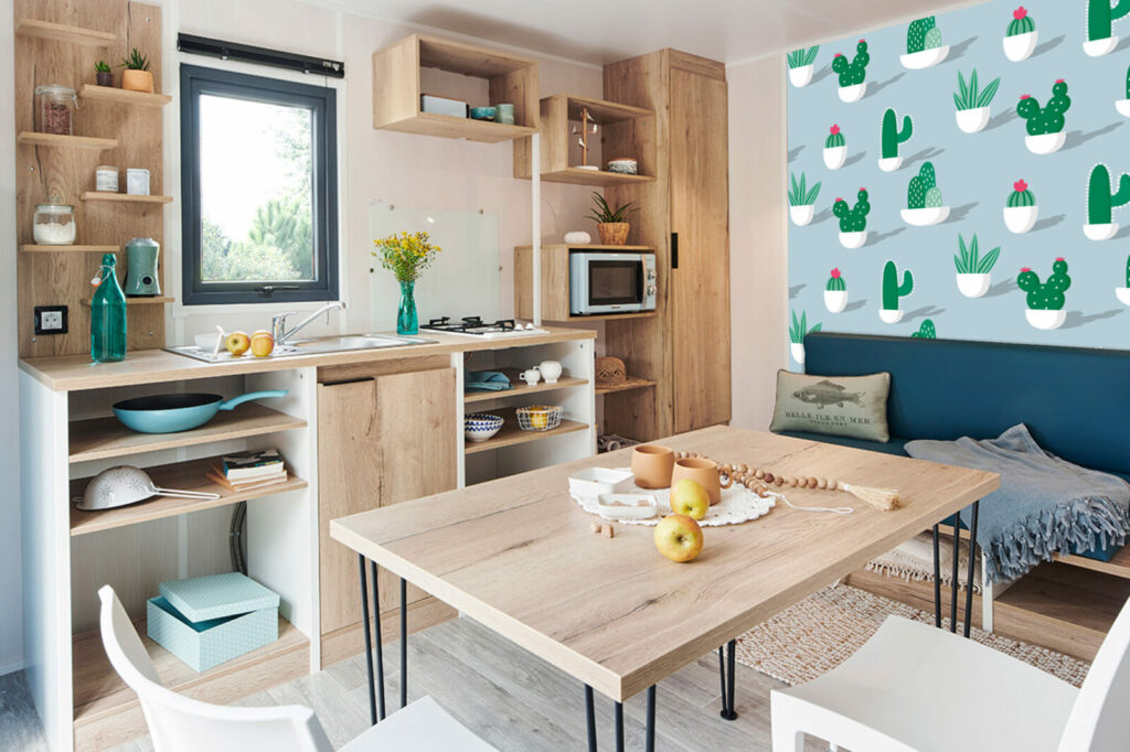 livraison gratuite fresque murale tapisserie repositionnable motif cactus et fleur Mexique sur-mesure meilleur prix mobil-home cuisine