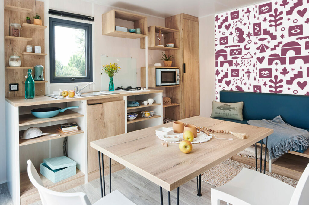 fresque mural de formes abstraites style Mathisse haut de gamme mobil-home - rose