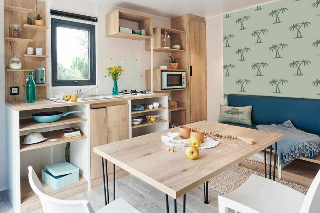 Papier peint motif cocotier tropical pas cher mobil home- kaki