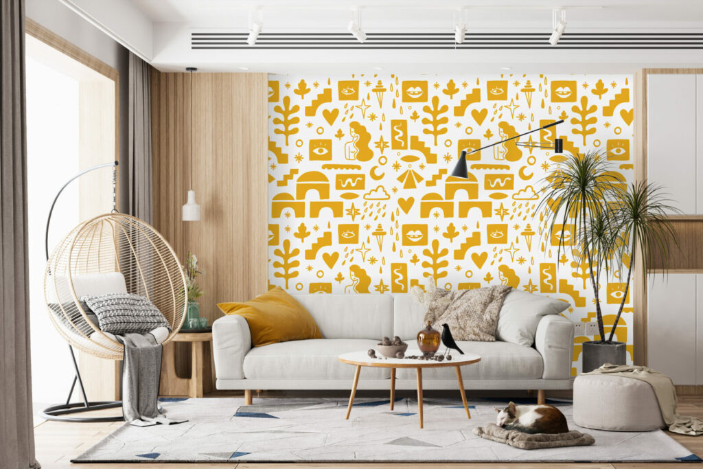 fresque mural de formes abstraites style Mathisse haut de gamme salon - ocre