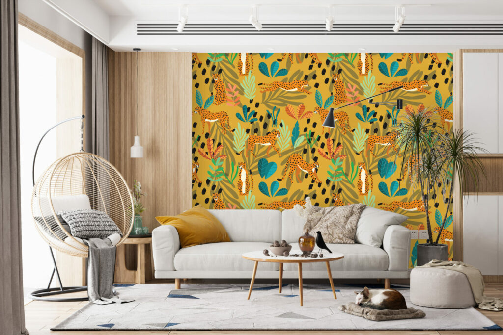 papier peint motif art déco sur mesure salon - jaune