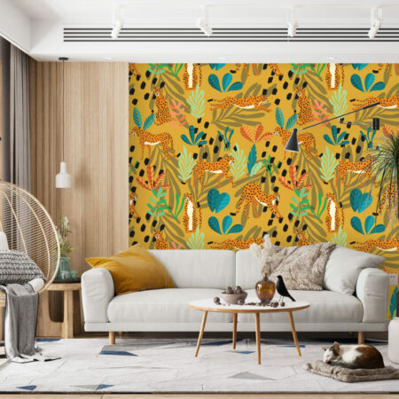 papier peint motif art déco sur mesure salon - jaune