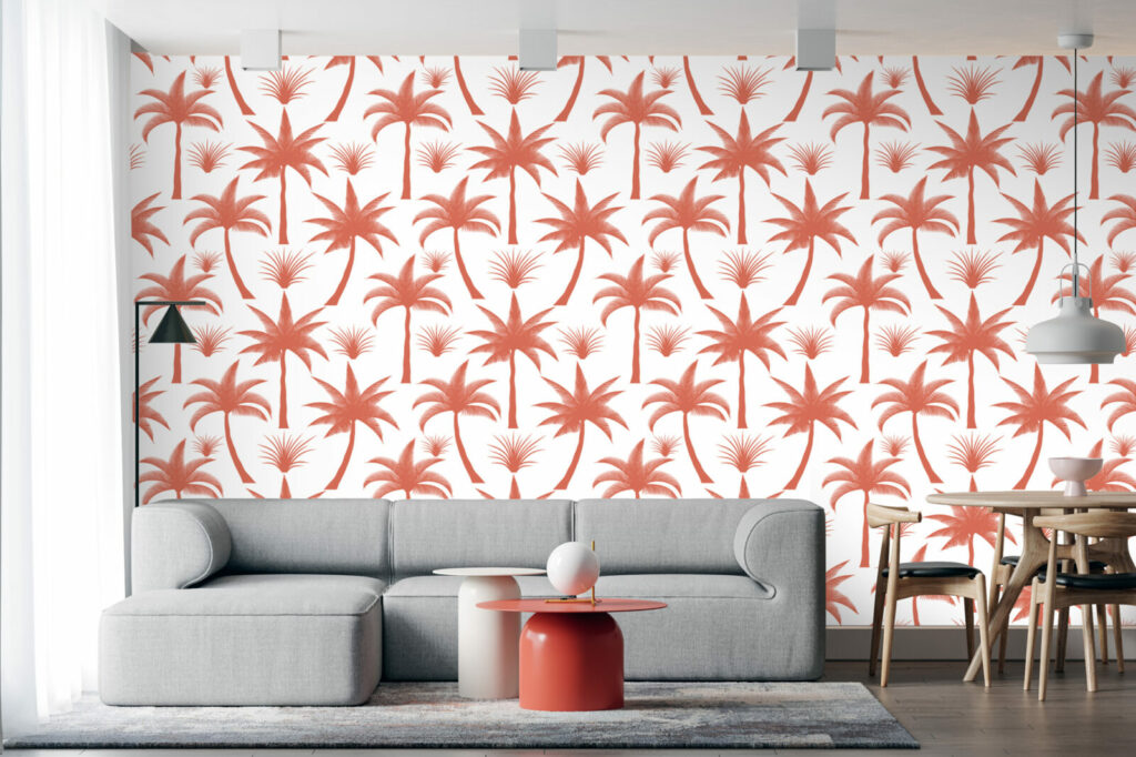 Papier peint personnalisable cocotier tropical a encoller salon - corail