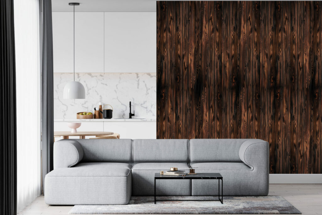 acheter tapisserie vinyle imprimée texture imitation bois encollé personnalisable haut de gamme pour pièce de vie