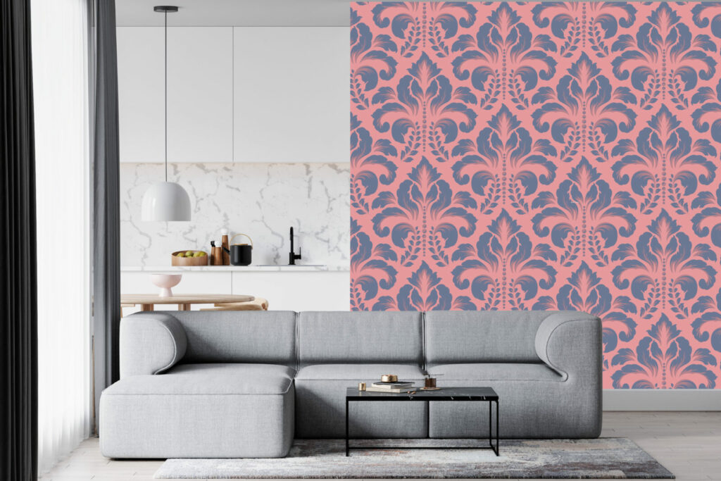 vinyle mural vintage motif Damask pas cher salon - rose mauve