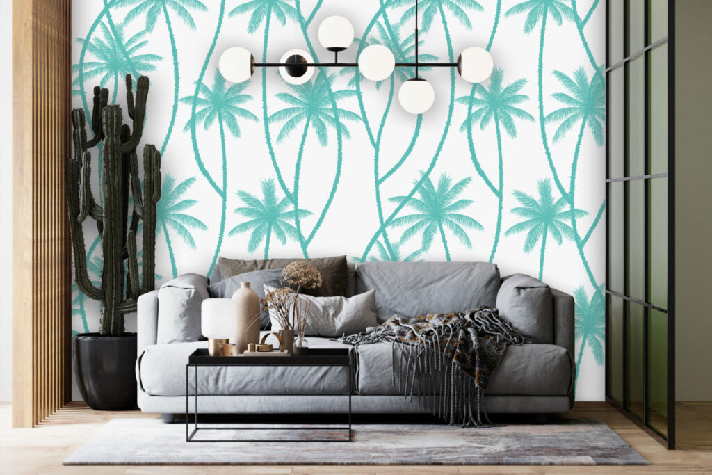 Papier peint à encollé palmier abstrait personnalisable salon - turquoise