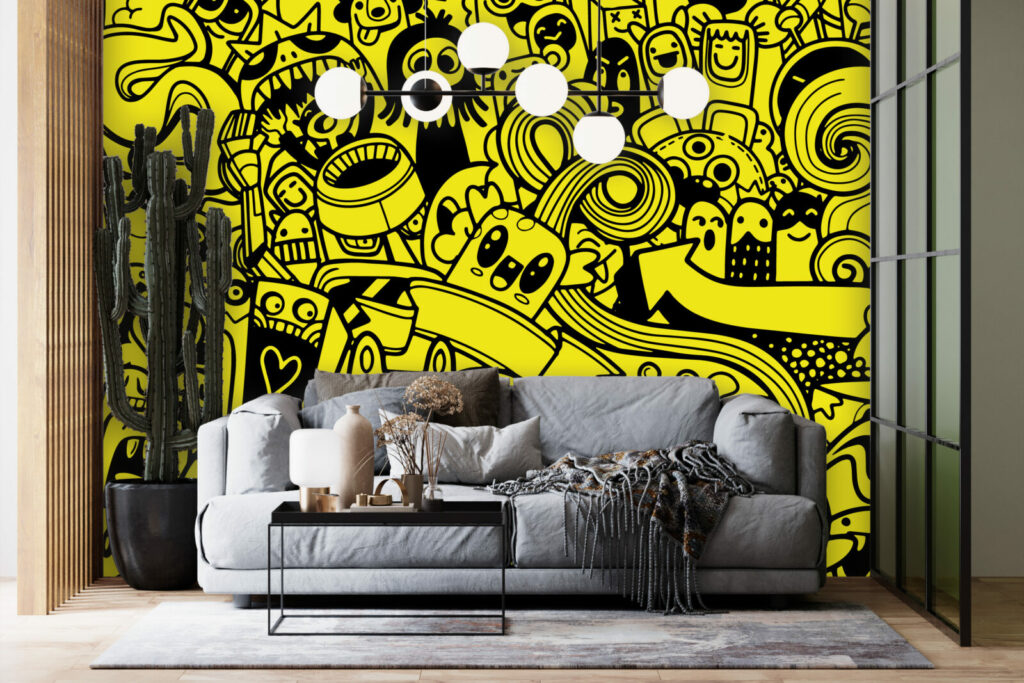papier peint tendance collection style doodle mignon salon - jaune