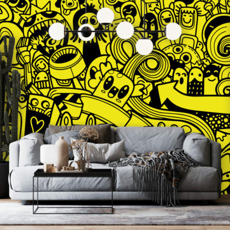 papier peint tendance collection style doodle mignon salon - jaune