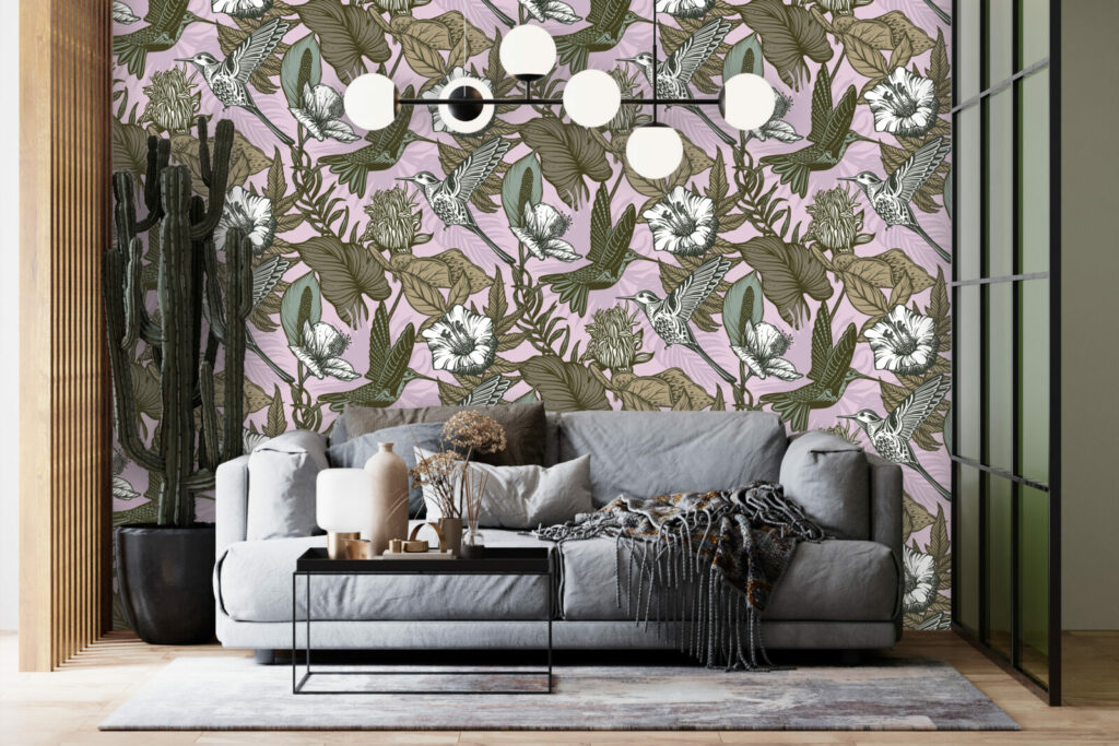 vinyles mural pré encollé colibri floral tendance et moderne au meilleurs prix pièce de vie rose vert kaki