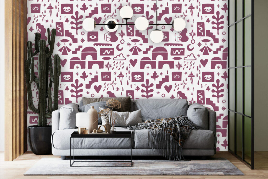 fresque mural de formes abstraites style Mathisse haut de gamme salon - rose