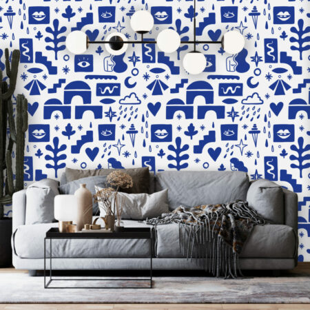 fresque mural de formes abstraites style Mathisse haut de gamme salon - bleu