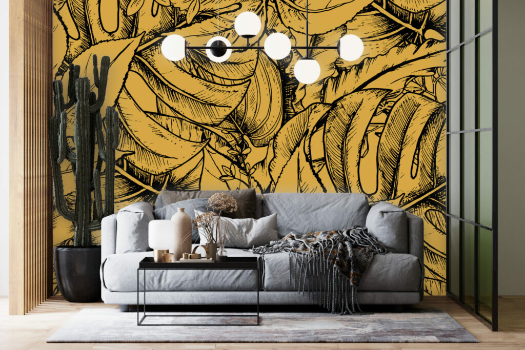 Fresque murale feuillage tropical abordable salon - moutarde