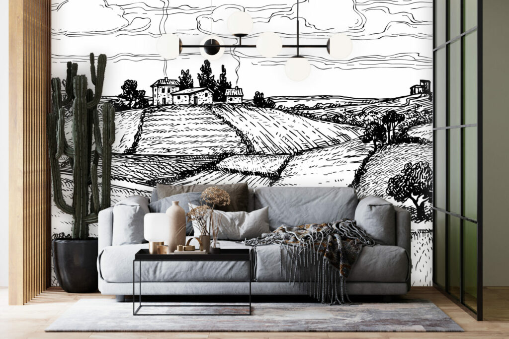 tapisserie panoramique dessin village minimaliste sur mesure pas cher salon