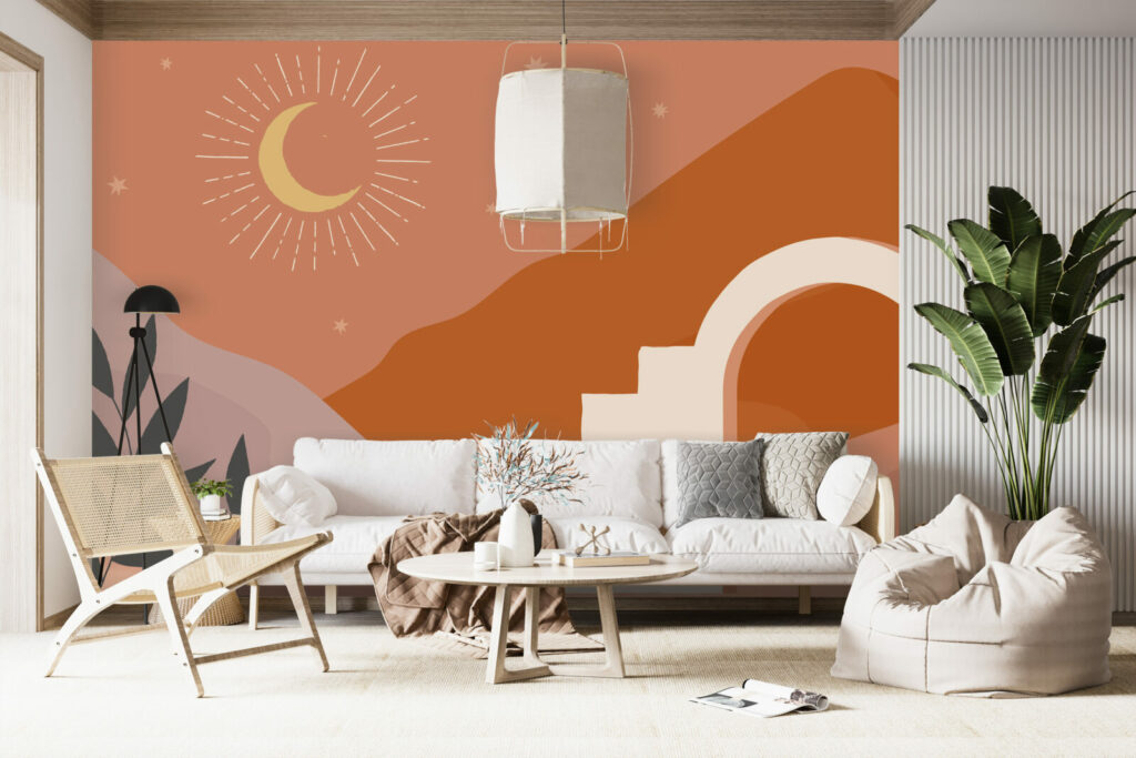 tapisserie repositionnable paysage méditerranéen minimaliste pas cher salon terracotta