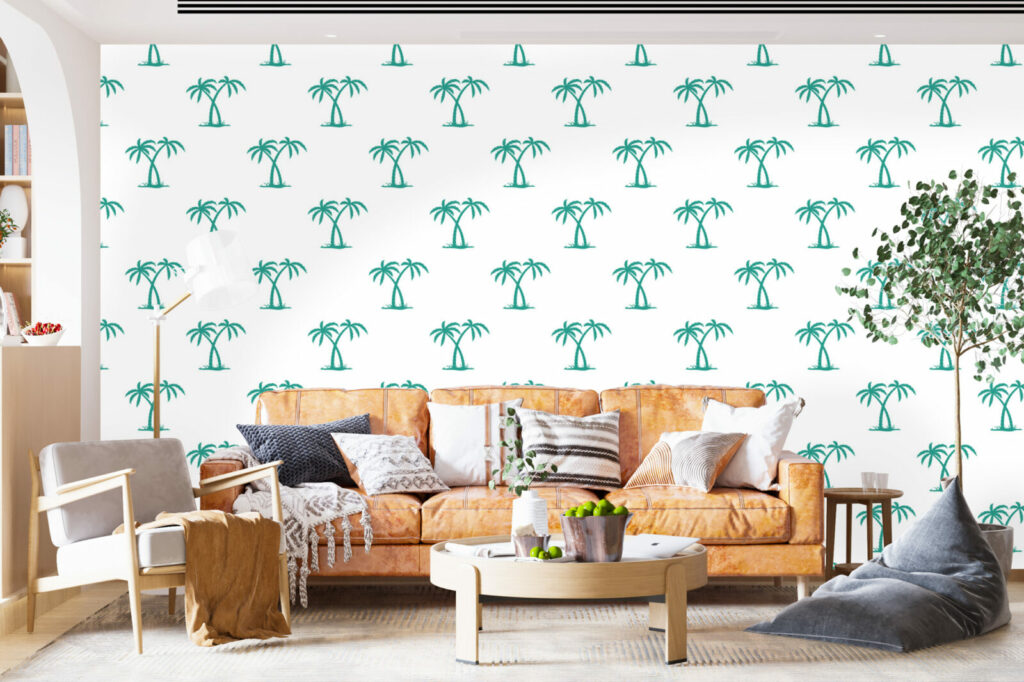 Papier peint motif cocotier tropical pas cher salon - blanc vert