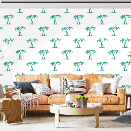 Papier peint motif cocotier tropical pas cher salon - blanc vert
