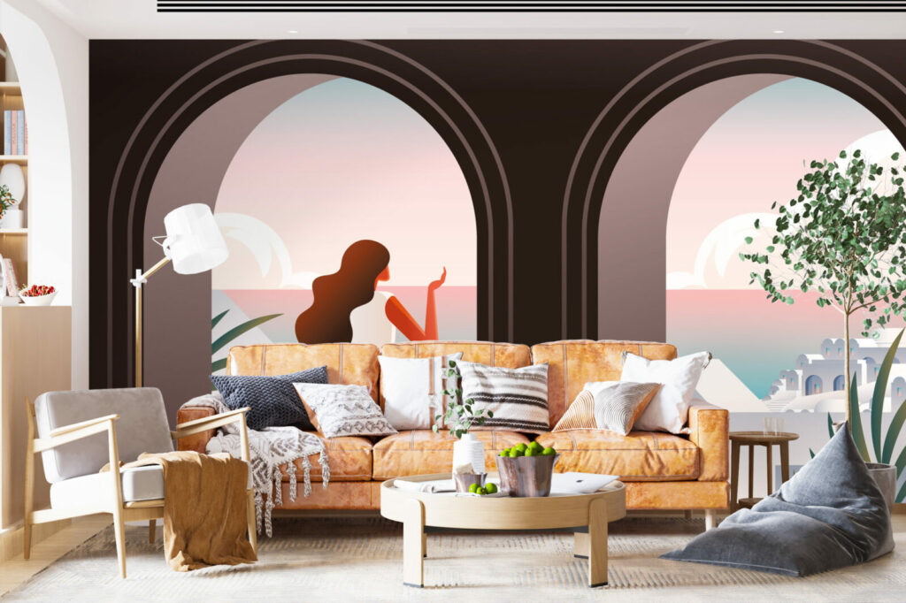 acheter fresque murale intissé trompe-l'œil pop paysage panoramique Grèce colonnes personnalisé pas cher maison salon détente