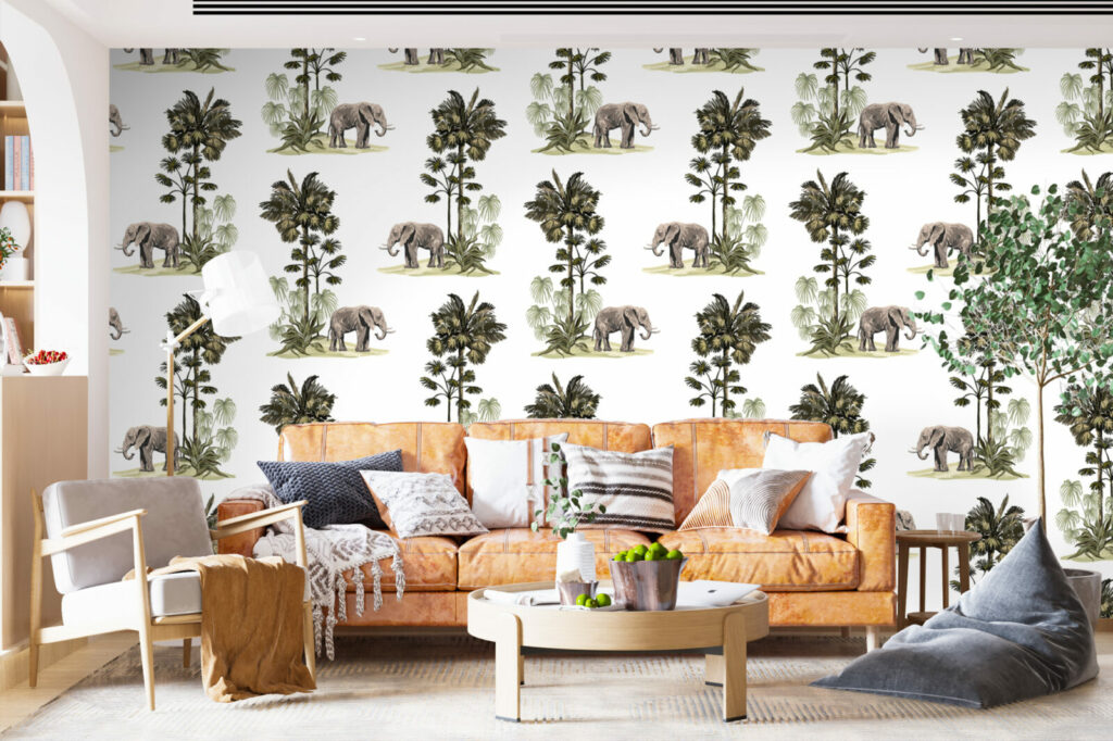 acheter collection tapisserie repositionnable vintage rétro éléphant jungle personnalisable pas cher maison salon pièce de vie