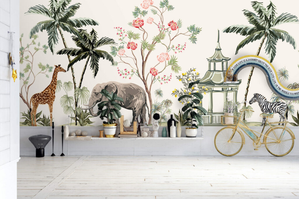 papier peint panoramique safari sauvage style aquarelle abordable entrée