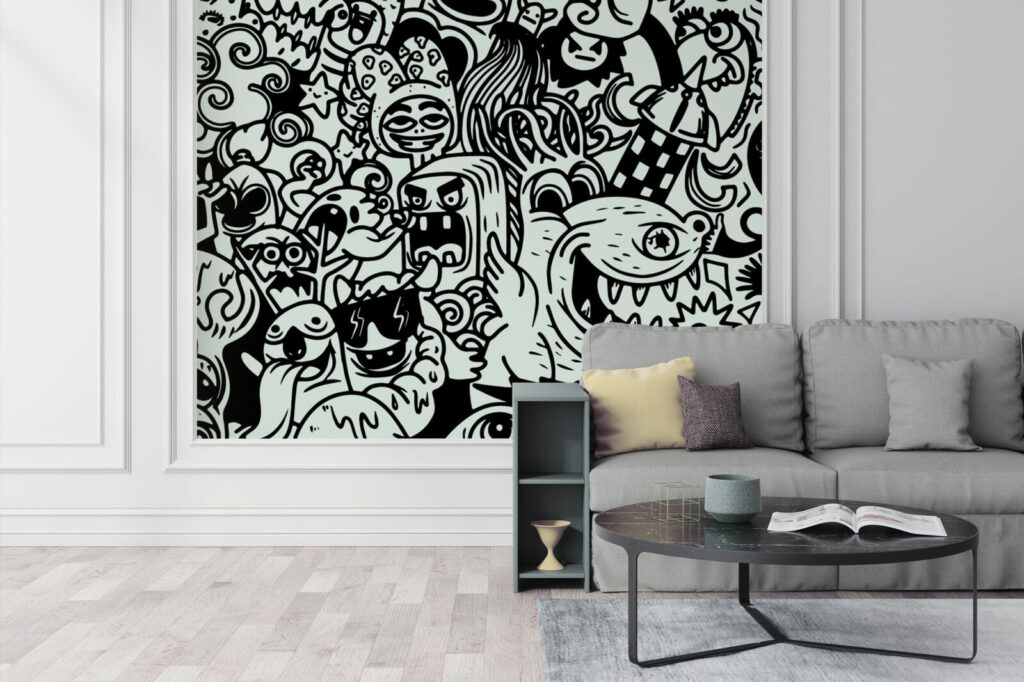 papier peint tendance style doodle rebelle haut de gamme salon - gris