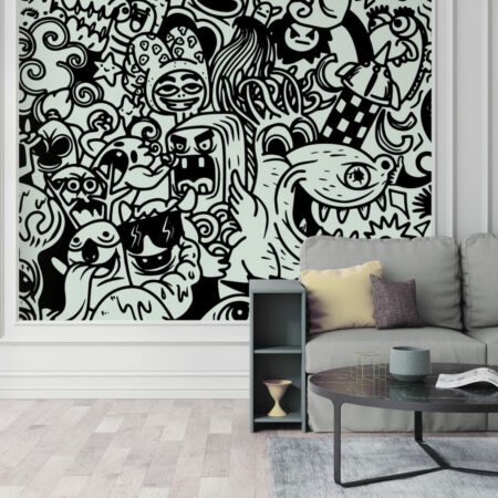 papier peint tendance style doodle rebelle haut de gamme salon - gris