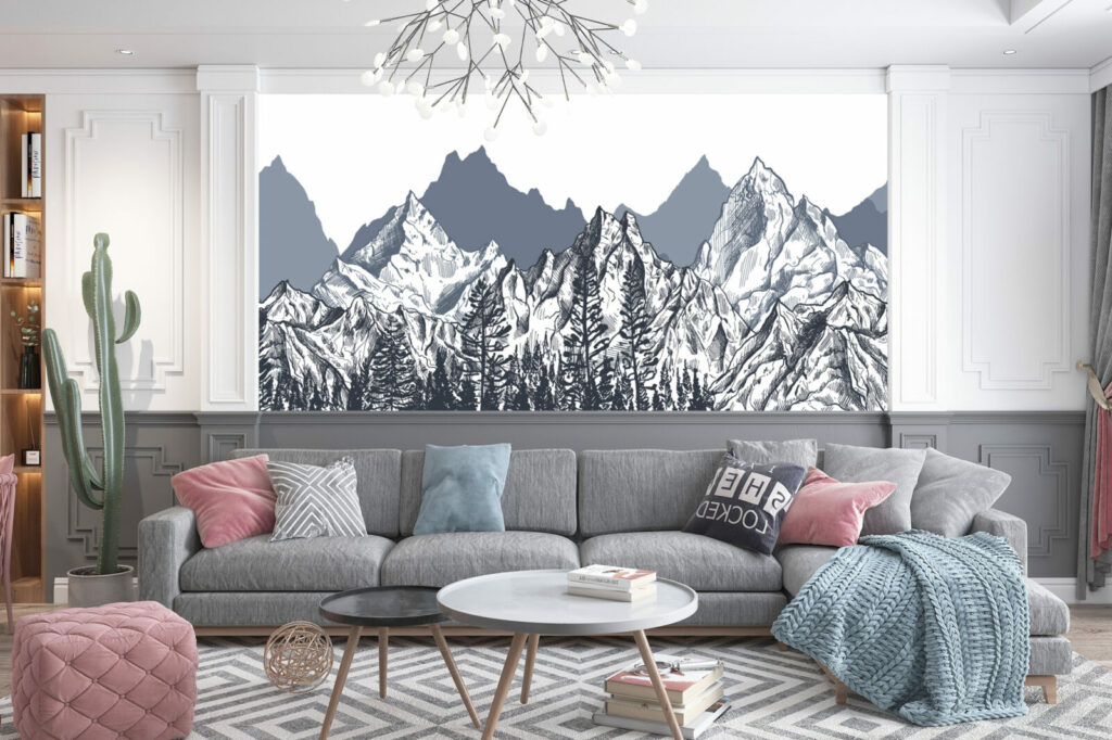 tapisserie panoramique paysage montagnes livraison rapide pièce de vie - vert