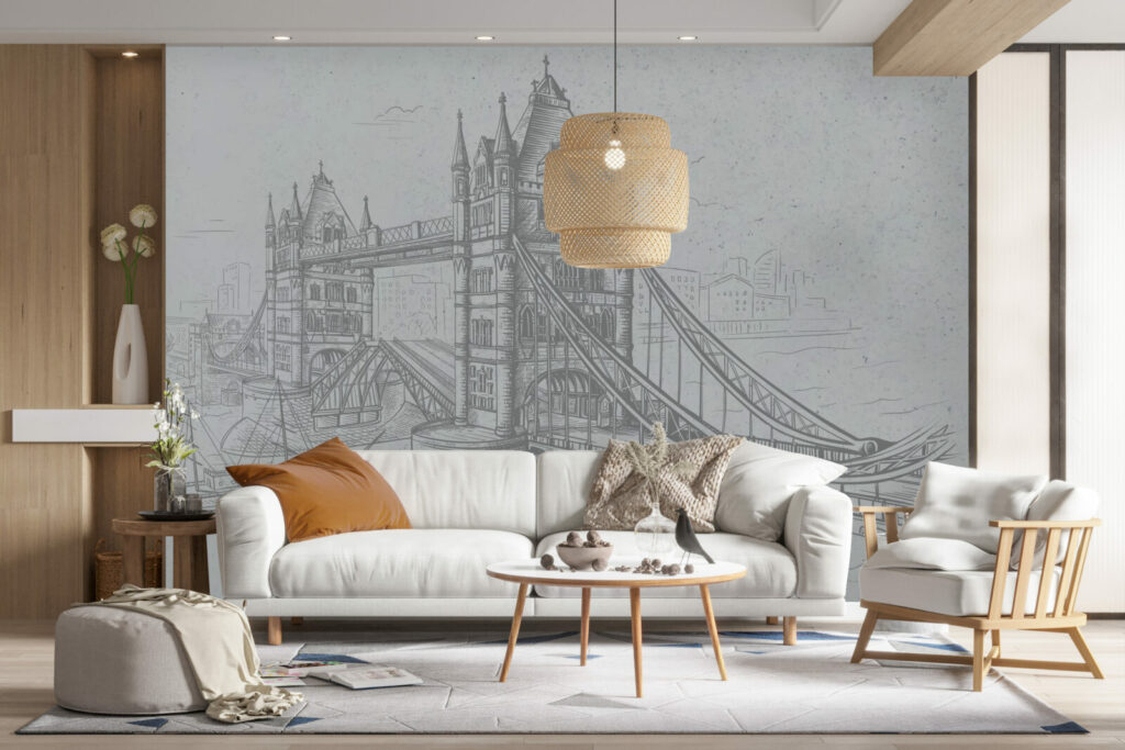 papier peint intissé dessin pont de Londres sur mesure salon - gris