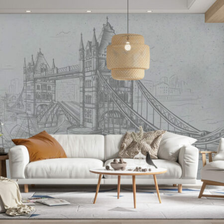papier peint intissé dessin pont de Londres sur mesure salon - gris