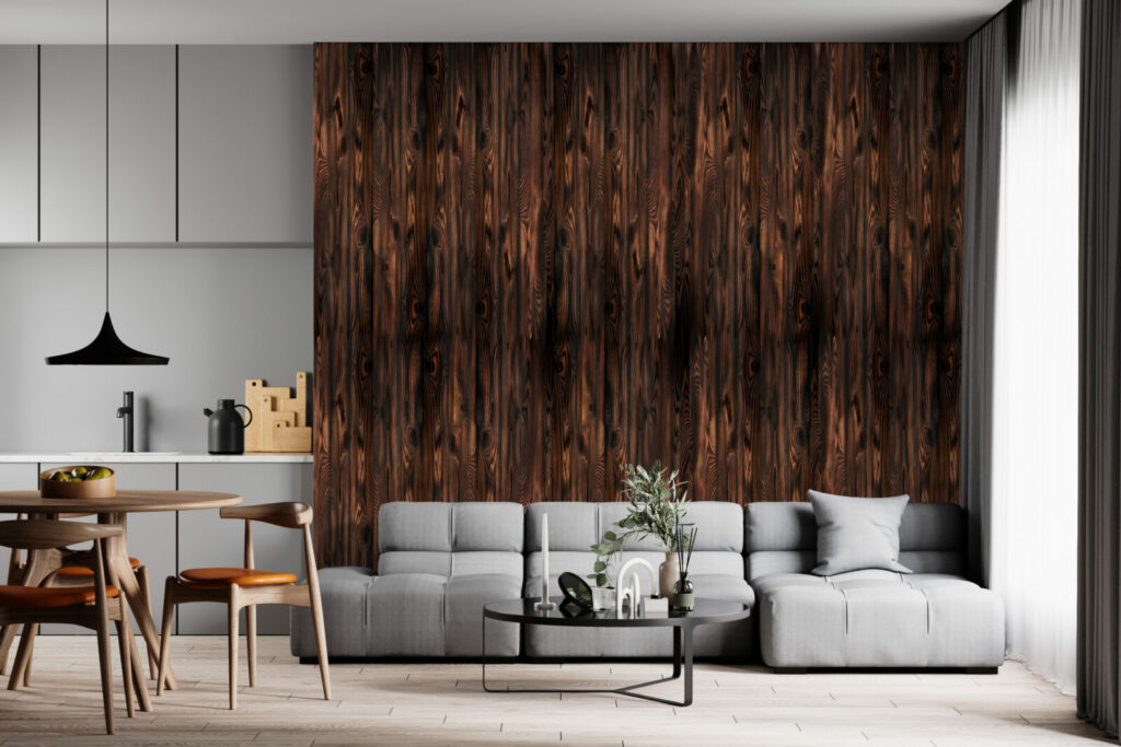 acheter tapisserie vinyle imprimée texture imitation bois encollé personnalisable haut de gamme pour salle à manger