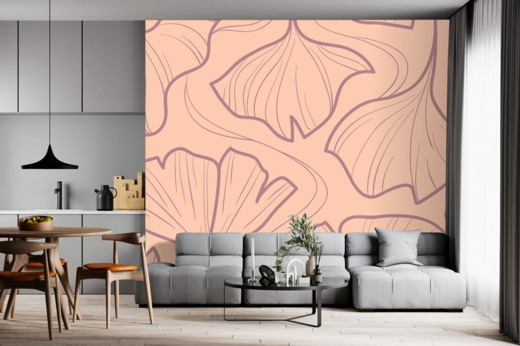 Papier peint intissé sur mesure ginko japonisant moderne salon rose mauve