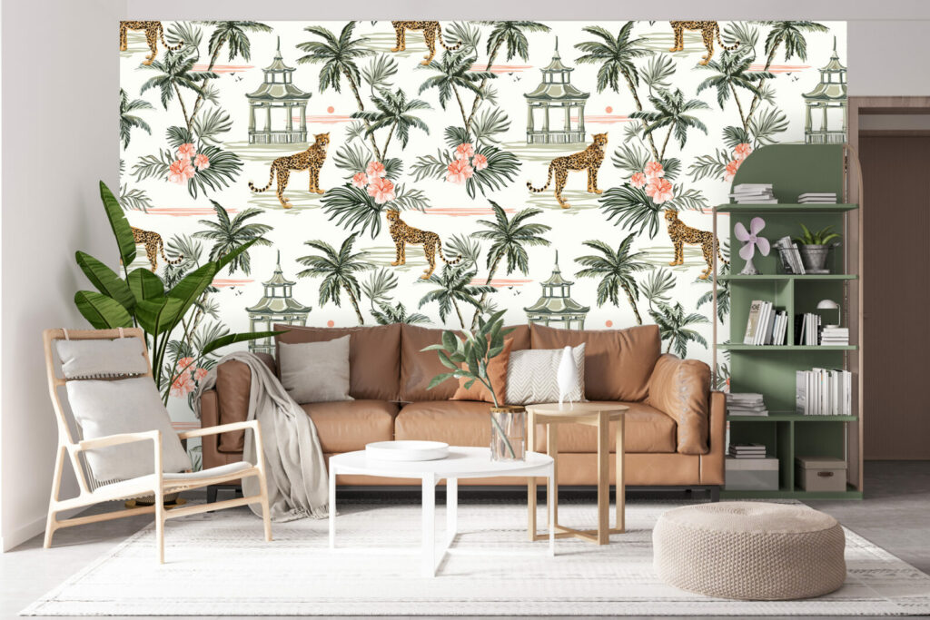 papier peint design motif jungle tropical pas cher salon - vert rose
