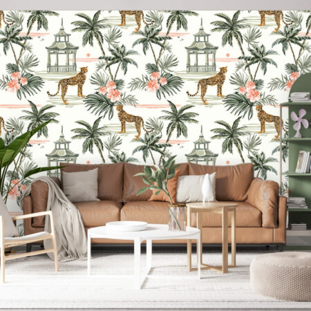 papier peint design motif jungle tropical pas cher salon - vert rose