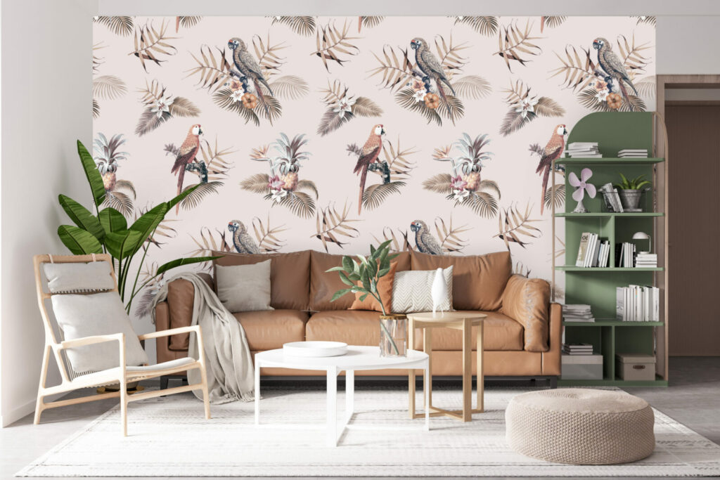 Papier peint pré encollé moderne et design perroquet jungle livraison gratuite salon