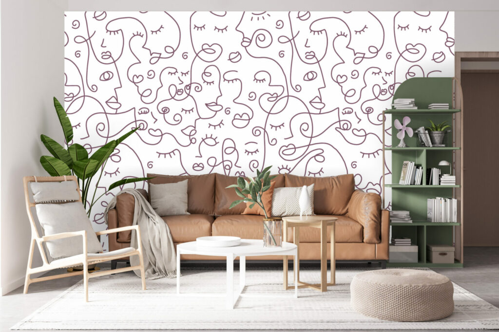 fresque murale motif portrait visage moderne abstrait salon - prune