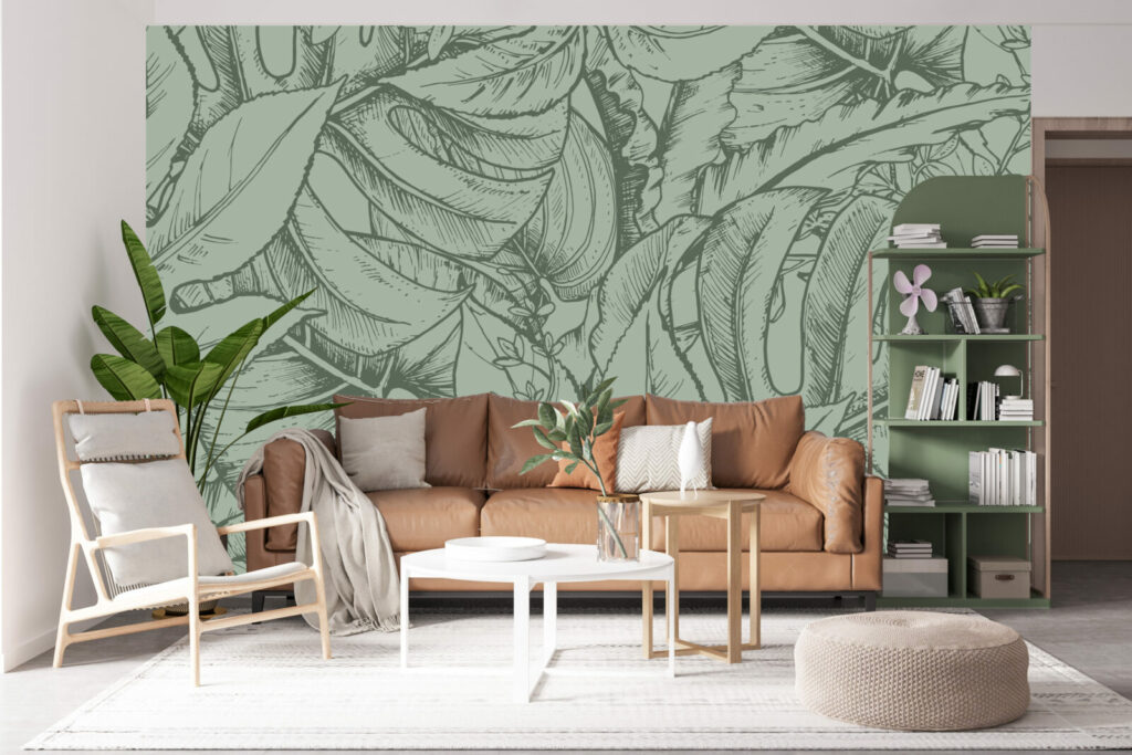 Fresque murale feuillage tropical abordable salon - kaki