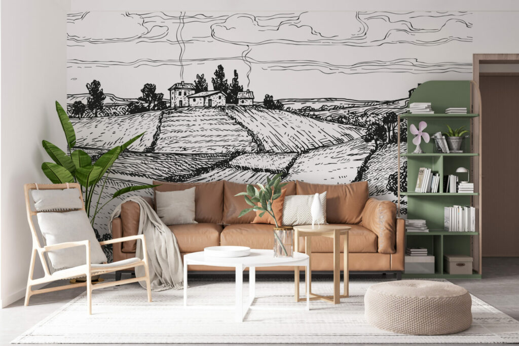 tapisserie panoramique dessin village minimaliste sur mesure pas cher intérieur maison