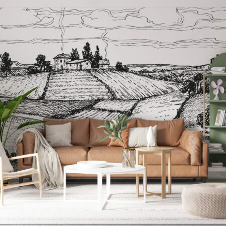 tapisserie panoramique dessin village minimaliste sur mesure pas cher intérieur maison