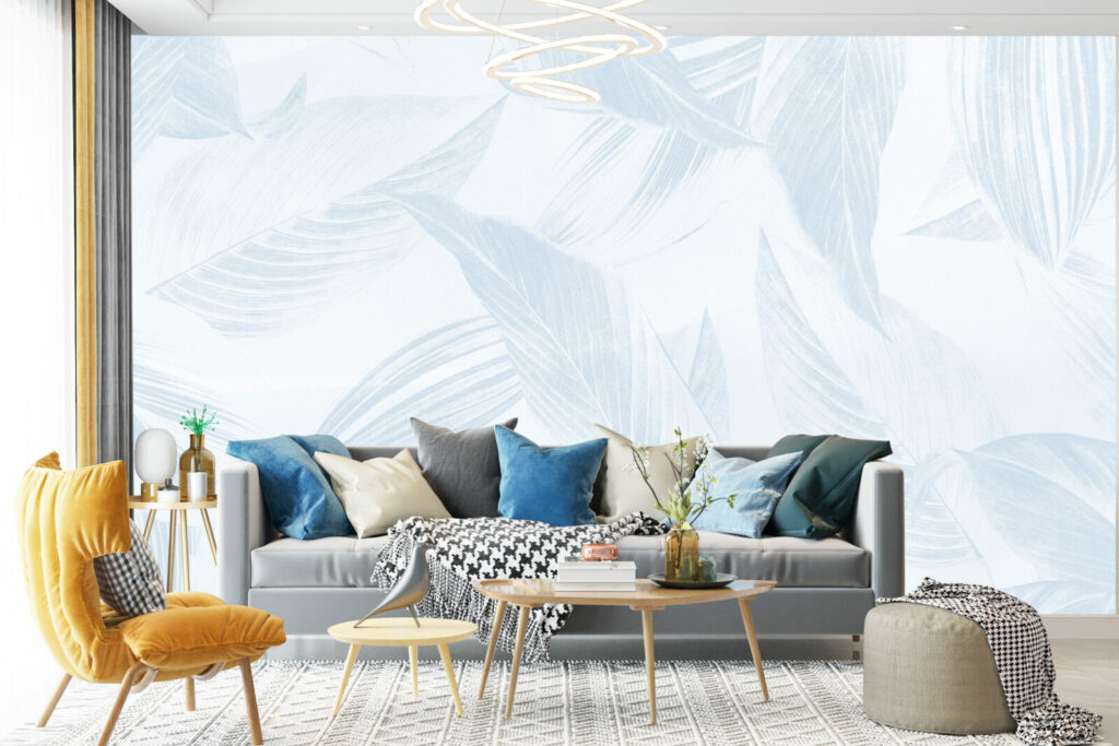 tapisserie vinyle feuillage abordable facile à coller salon - bleu