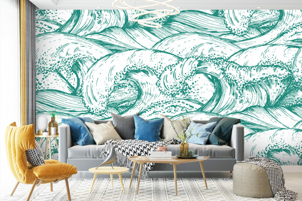 papier peint intissé vague japonisante moderne sur-mesure livraison rapide pièce de vie