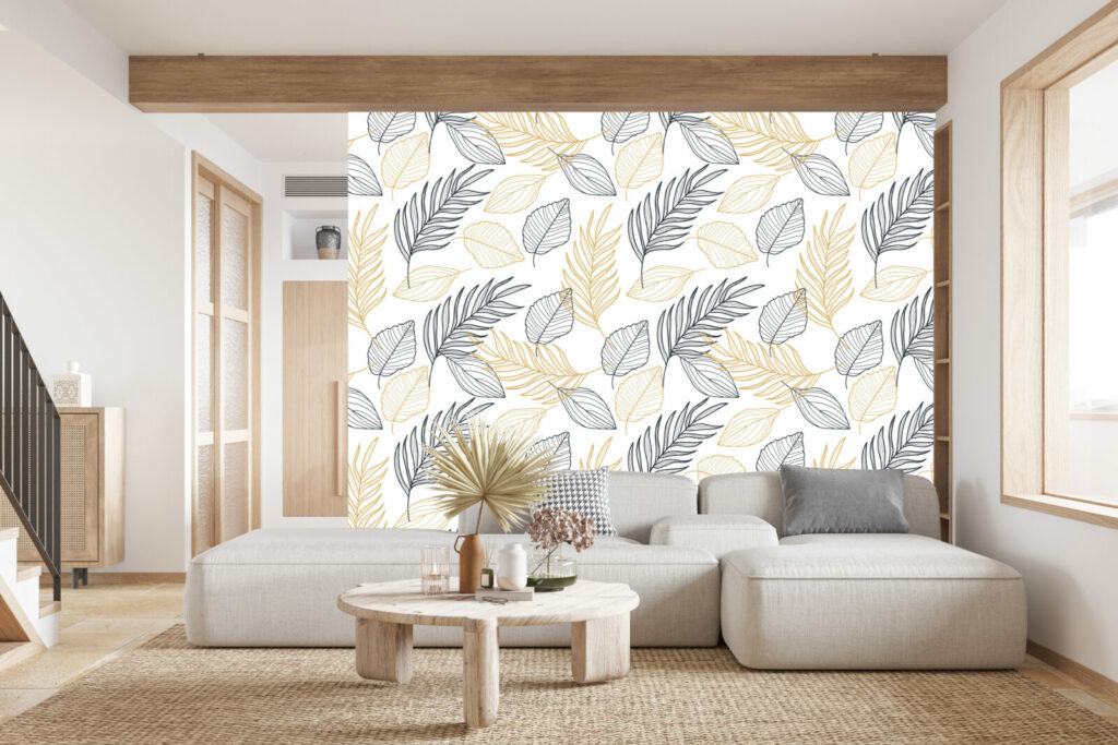 Tapisserie maison feuillage automne personnalisé salon - gris or