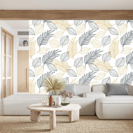 Tapisserie maison feuillage automne personnalisé salon - gris or