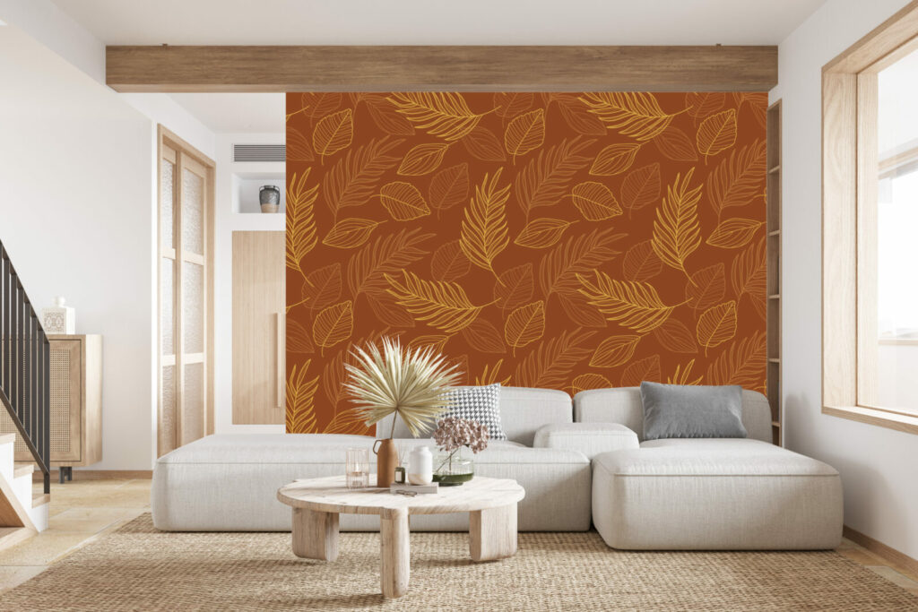 Tapisserie maison feuillage automne personnalisé salon - terracotta