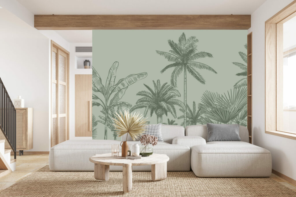 papier peint intissé intérieur forêt tropical sur mesure salon - kaki