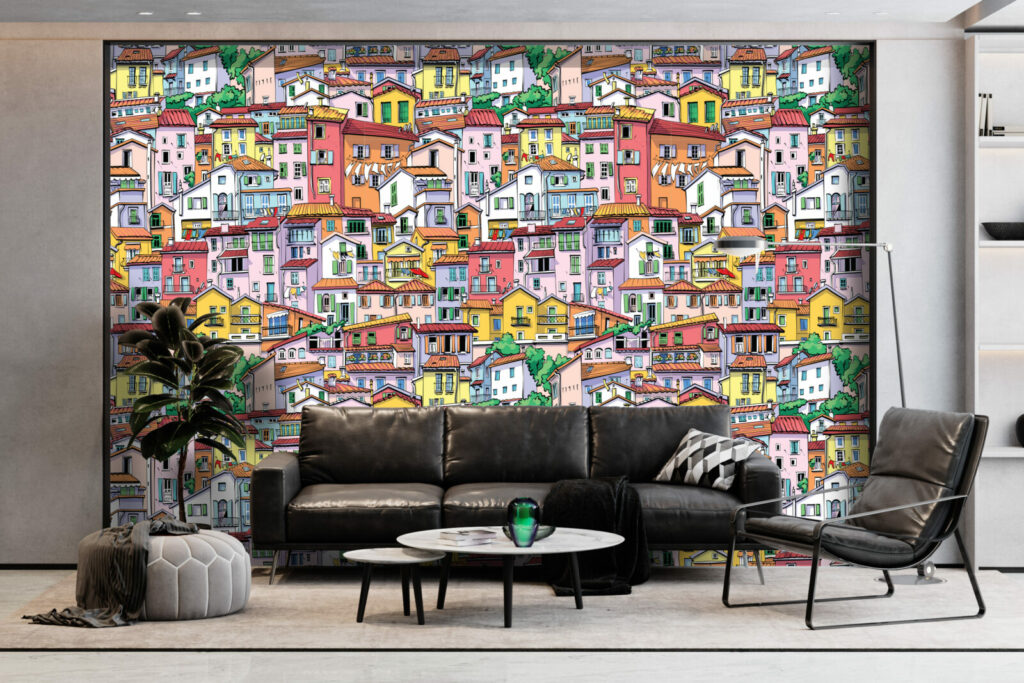 tapisserie repositionnable haut de gamme village pas cher salon - multicolor