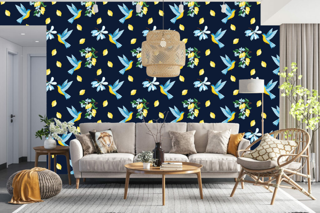 Fresque murale motif colibri vintage pas cher salon - bleu