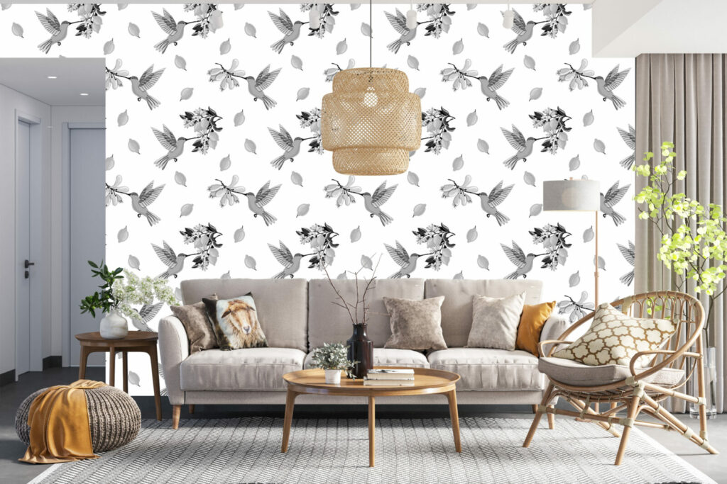 Fresque murale motif colibri vintage pas cher salon - gris